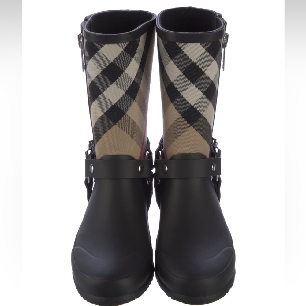 Auth BURBERRY Mid-Calf Black Rubber Nova Check Harness Rain Boots 41 - Picture 4 of 4